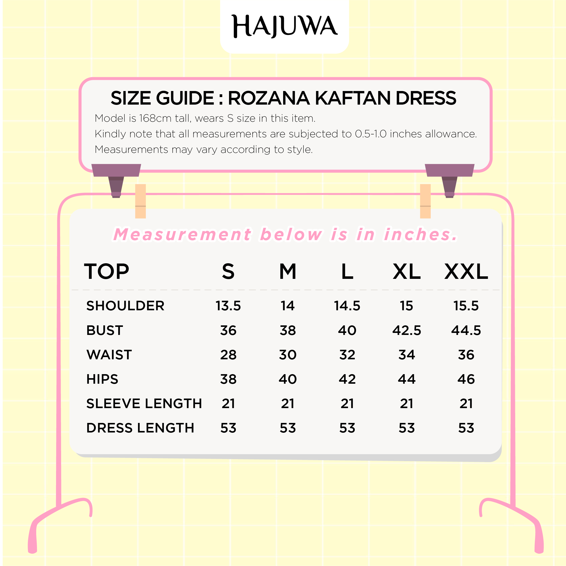 Rozana kaftan size measurement from S to XXL