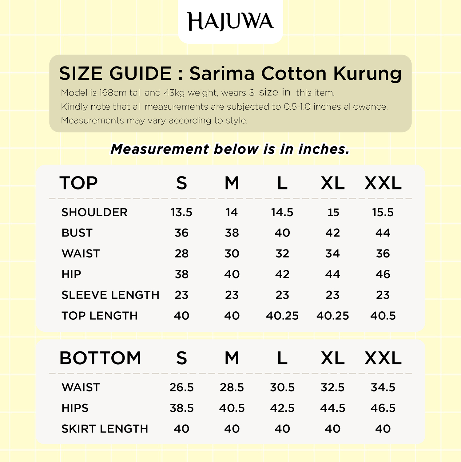 Saloma Cotton Kurung Size Chart