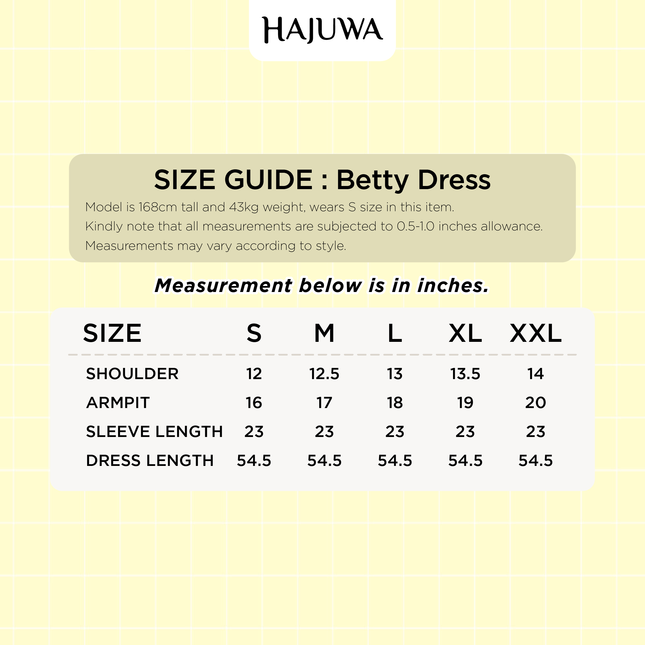 Betty Dress Size Chart