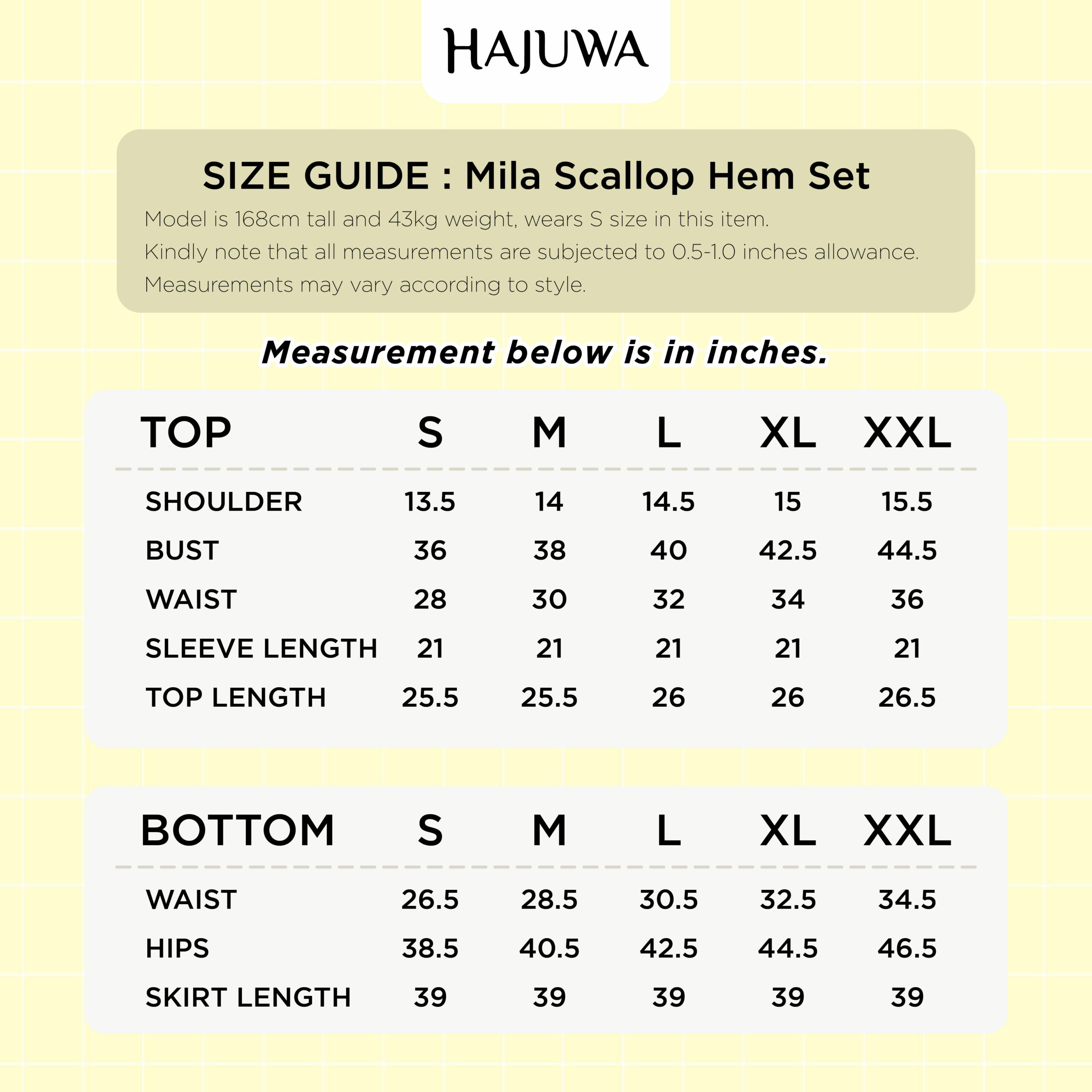 Mila Scallop Hem Set Size Chart