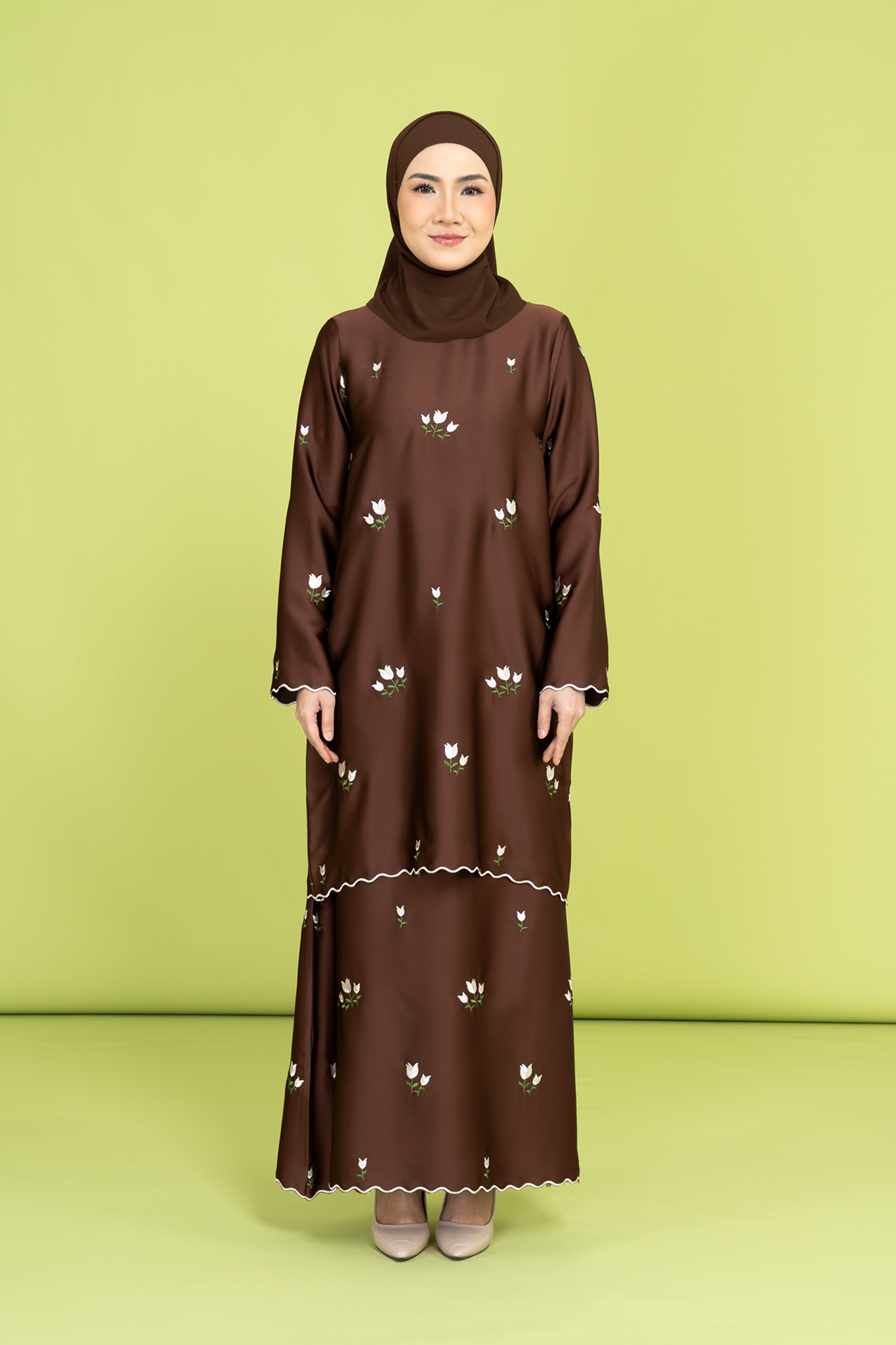 Tulip Embroidered Kurung in Brown